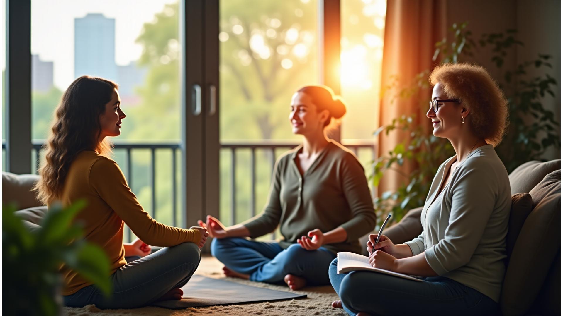 Diverse adults aged 35-55 engaging in various serene wellness activities like mindful walking in a park, gentle stretching, and reflective journaling, all bathed in soft, natural morning light, illustrating digital wellness for adults 35+ in Charlotte.