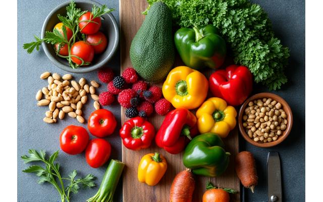 Colorful image of fresh fruits and vegetables, representing a midlife nutrition guide.