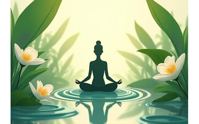Illustration of a person meditating in a peaceful garden, representing a stress management guide.
