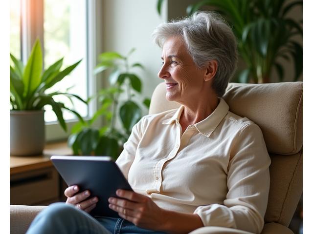 Woman enjoying reading a tablet surrounded by plants, symbolizing engaging with the Grove Wisdom daily health blog.