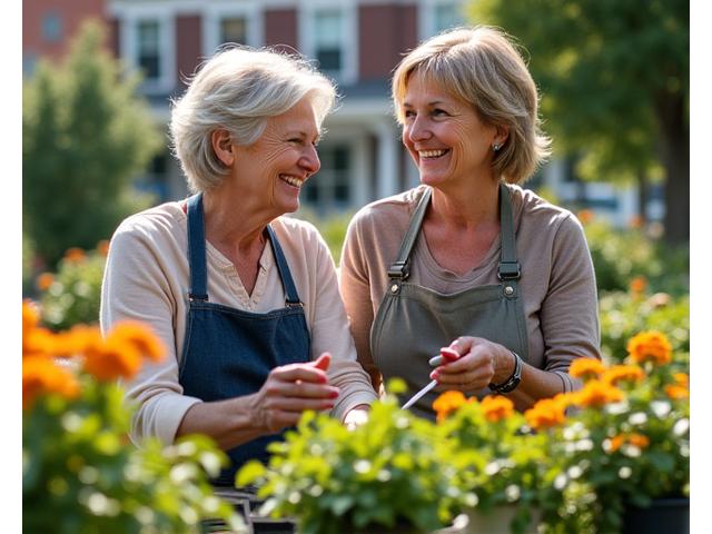 Two women conversing warmly at a community garden in Charlotte, representing community building events and local connections.
