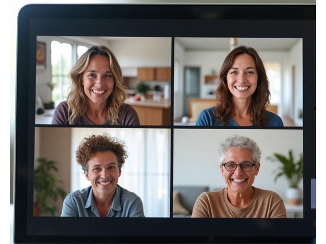 Diverse group of adults engaged in a lively online group video call, representing interactive user forums.