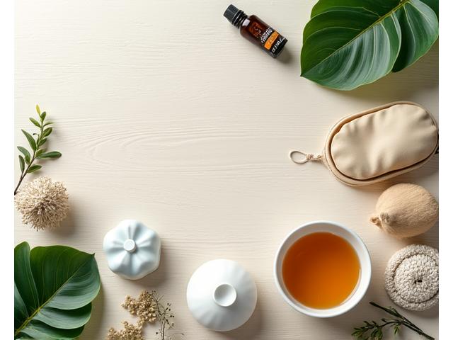 Curated wellness products like essential oils, meditation cushion, and a healthy snack bar arranged aesthetically, symbolizing Grove Wisdom product recommendations.