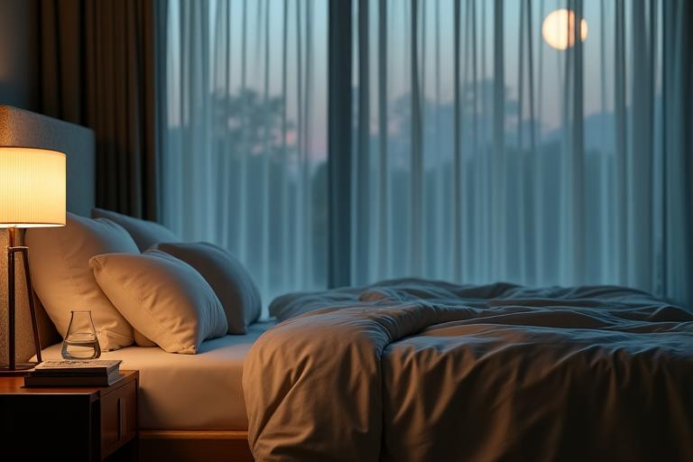 A serene bedroom with soft lighting and comfortable bedding, symbolizing healthy sleep solutions for restorative rest.