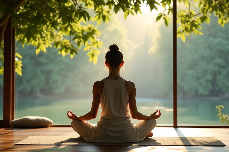 A tranquil scene of someone practicing deep breathing outdoors, emphasizing stress management and digital mindfulness programs for adults.