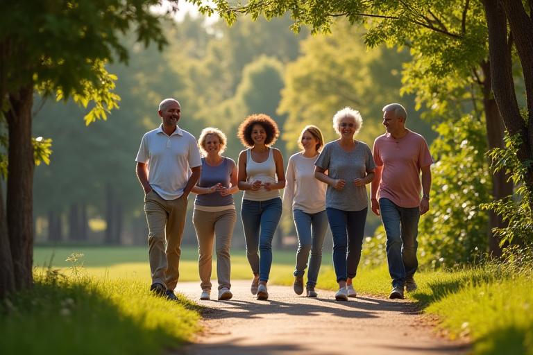 Group of diverse adults enjoying a wellness walk in a scenic Charlotte park