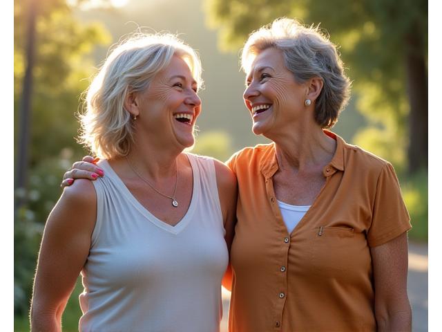 Two diverse women smiling and talking while on a walk, representing a wellness accountability partnership