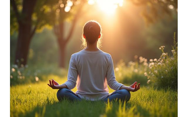 Person meditating in a serene setting, representing stress management
