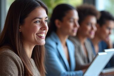 Diverse group of adults engaged in a lively online forum, discussing wellness topics on various devices.