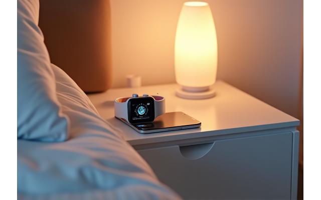Various digital devices and apps on a nightstand, representing sleep tracking, meditation, and soundscapes.