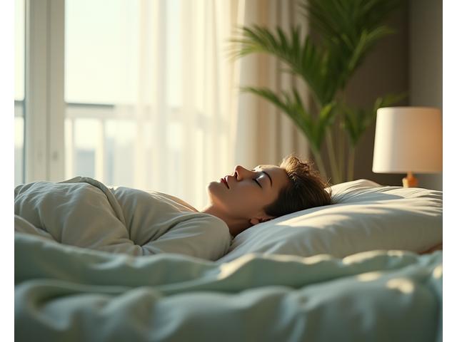 Peaceful adult sleeping soundly in a naturally lit, comfortable bedroom, conveying deep rest and rejuvenation.
