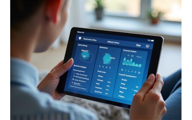 Woman interactively analyzing sleep data on a tablet, showing graphs and metrics.