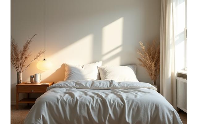 A tranquil bedroom scene depicting ideal sleep hygiene: dim lighting, clean sheets, and a serene atmosphere.