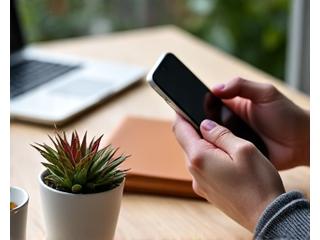 A person setting down a smartphone next to a houseplant and a journal, symbolizing mindful disconnection and balance with technology.