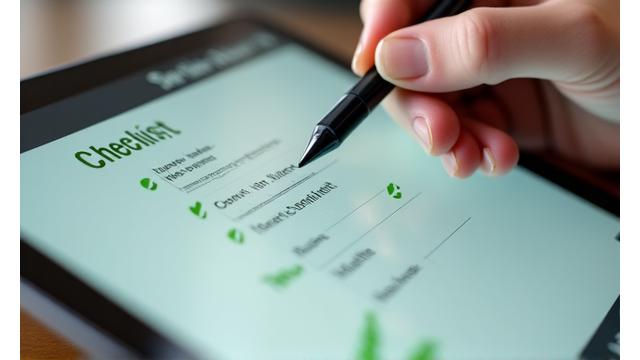 A close-up of a digital checklist with checkmarks, green accents, and a hand holding a stylus, illustrating detailed implementation guides.