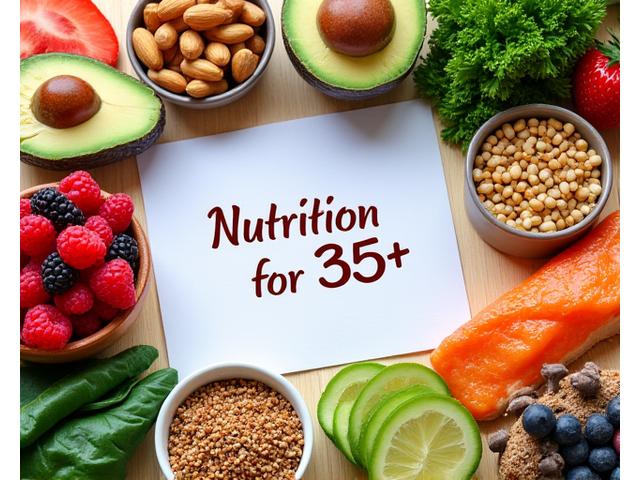 A vibrant flat lay of diverse healthy foods (berries, nuts, green leafy vegetables, lean fish) arranged around a notepad with 'Nutrients for 35+' written on it, suggesting a balanced diet.