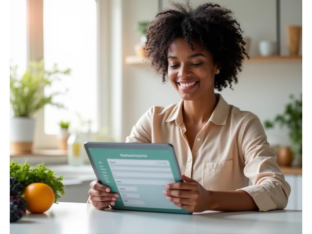 A confident woman in her 40s reviewing a nutrition assessment form on a tablet, with a stylized presentation of healthy food options in the background, representing thoughtful dietary choices.