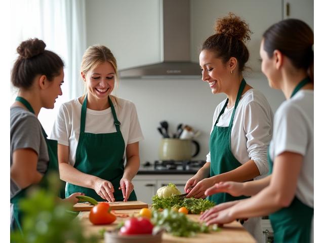 A diverse group of adults 35+ happily engaging in a hands-on cooking class, with a registered dietitian providing guidance on healthy ingredients, representing nutrition education and community.