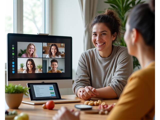 A warm and engaging group of adults 35+ laughing and sharing healthy recipes during a virtual catch-up, symbolizing a supportive nutrition community and shared wellness journey.