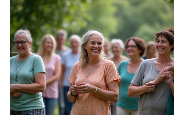 Diverse group of adults engaging in an outdoor activity, smiling, representing community connection