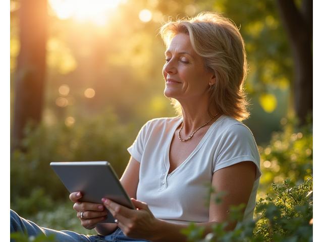 Woman enjoying nature while mindfully using a tablet, representing digital balance