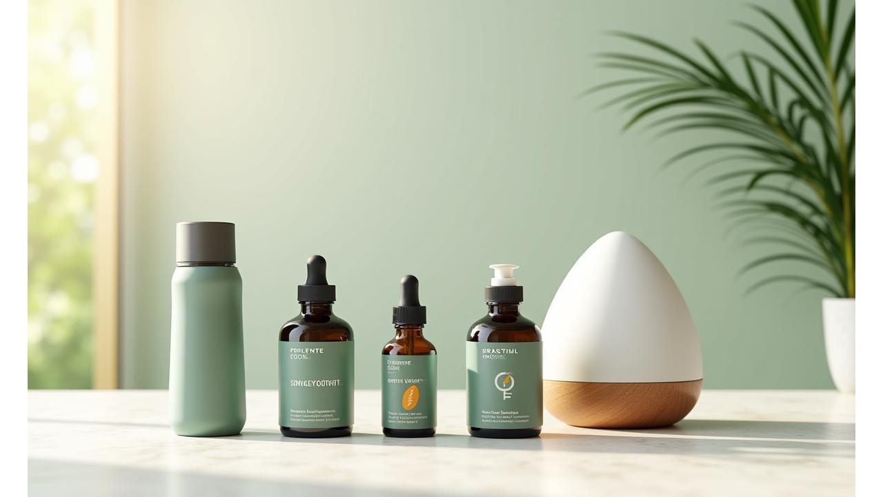 A diverse collection of wellness products, including a smart water bottle, a sleek fitness tracker, and a bottle of high-quality omega-3 supplements, arranged aesthetically on a light, organic surface with soft natural light.