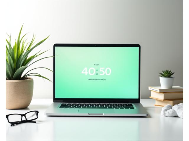 A modern desktop with an open laptop displaying a digital wellness app, alongside a plant and perhaps a blue light blocking glasses, symbolizing healthy tech habits.