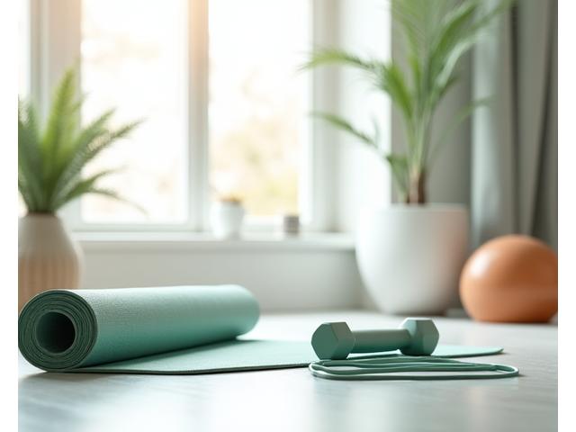 A modern home gym setup with stylish, compact fitness equipment like resistance bands, a yoga mat, and light weights, bathed in inspiring natural light.