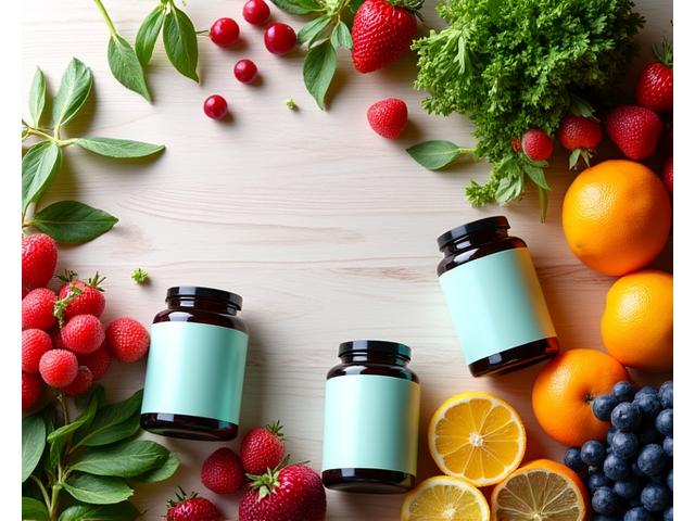 A vibrant display of fresh fruits, vegetables, and tastefully arranged supplement bottles, emphasizing natural nutrition and health.